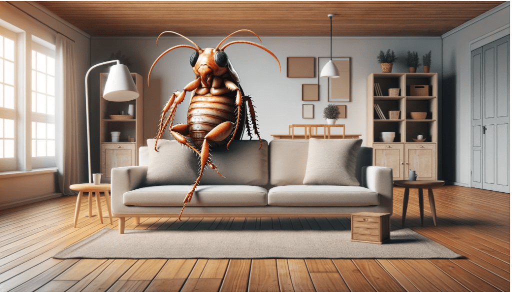 A massive exaggerated flea sitting on a couch with no pets