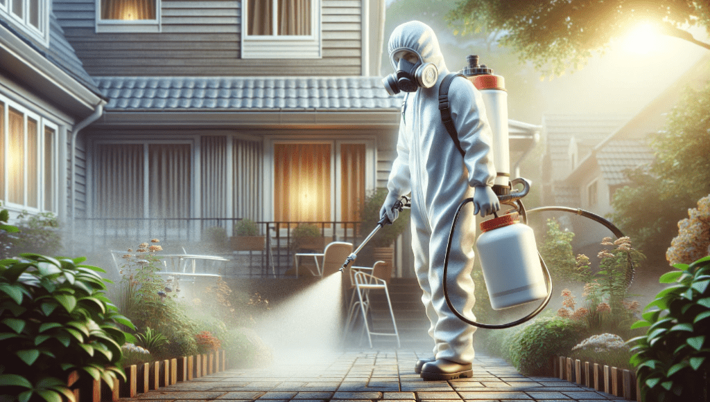 A professional pest control worker spraying down plants