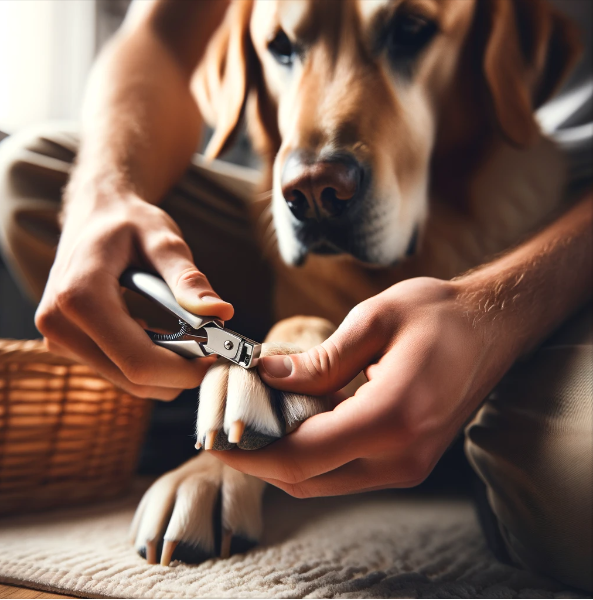 Old golden retriever getting his nails cut