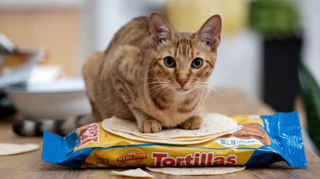 Cat sitting on a pack of tortillas