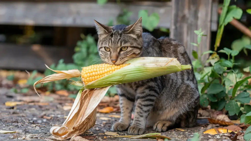 Cat eating a corn husk