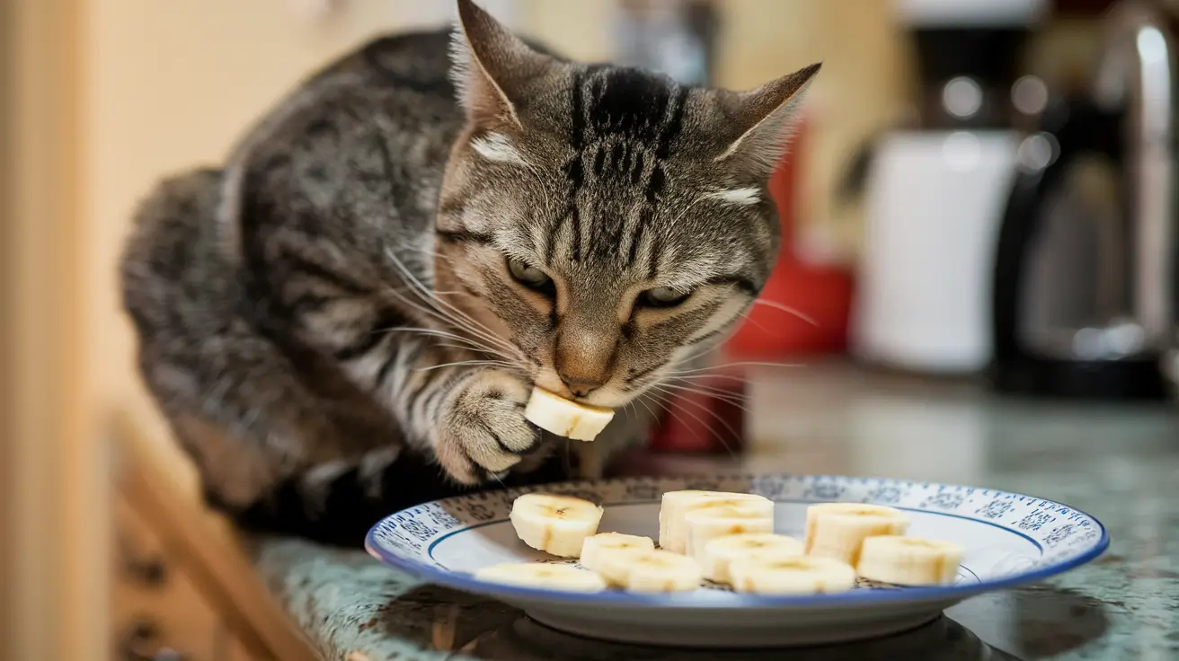 A photo of a cat eating banana slices off of a plate on someone's counter. The cat is sitting on the counter and has its front paws tucked underneath its body