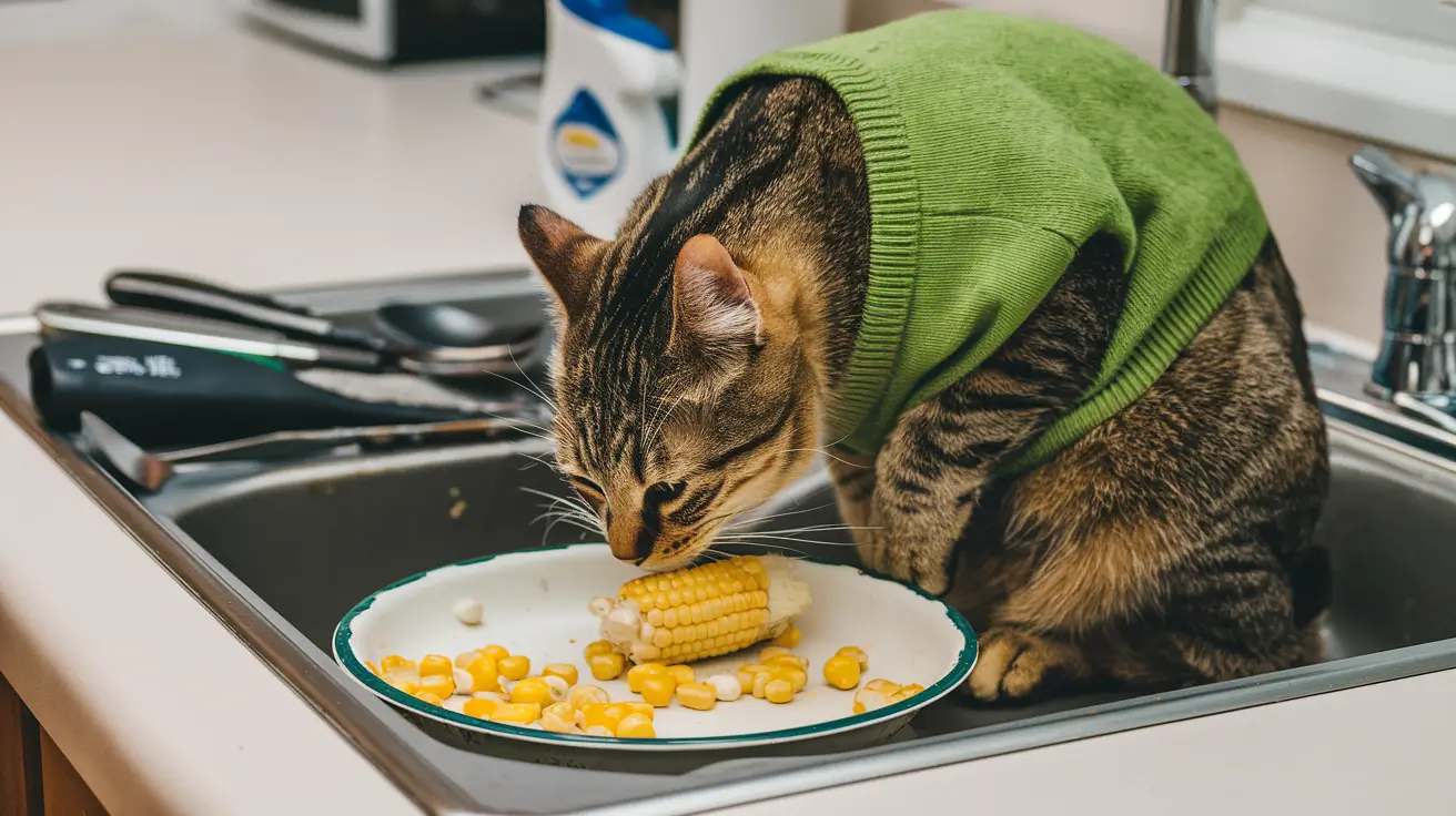 a cat sitting in a sink eating corn off of a plate