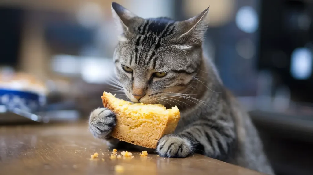 A cat eating some stolen cornbread at a table