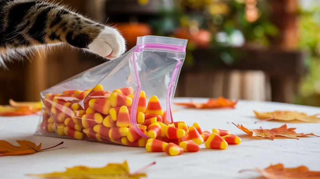 Cat reaching for candy corn