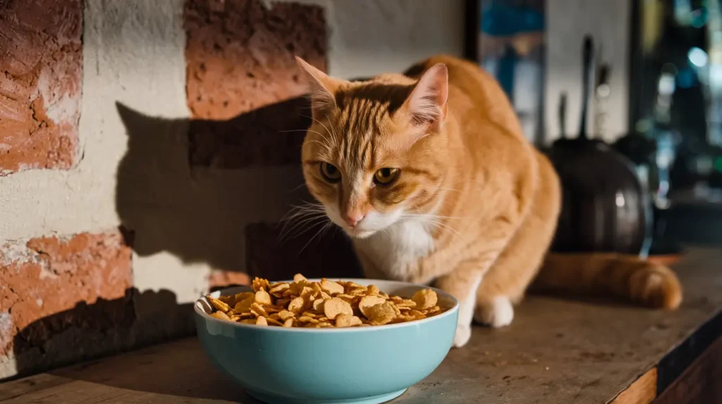 A cat about to eat cornflakes